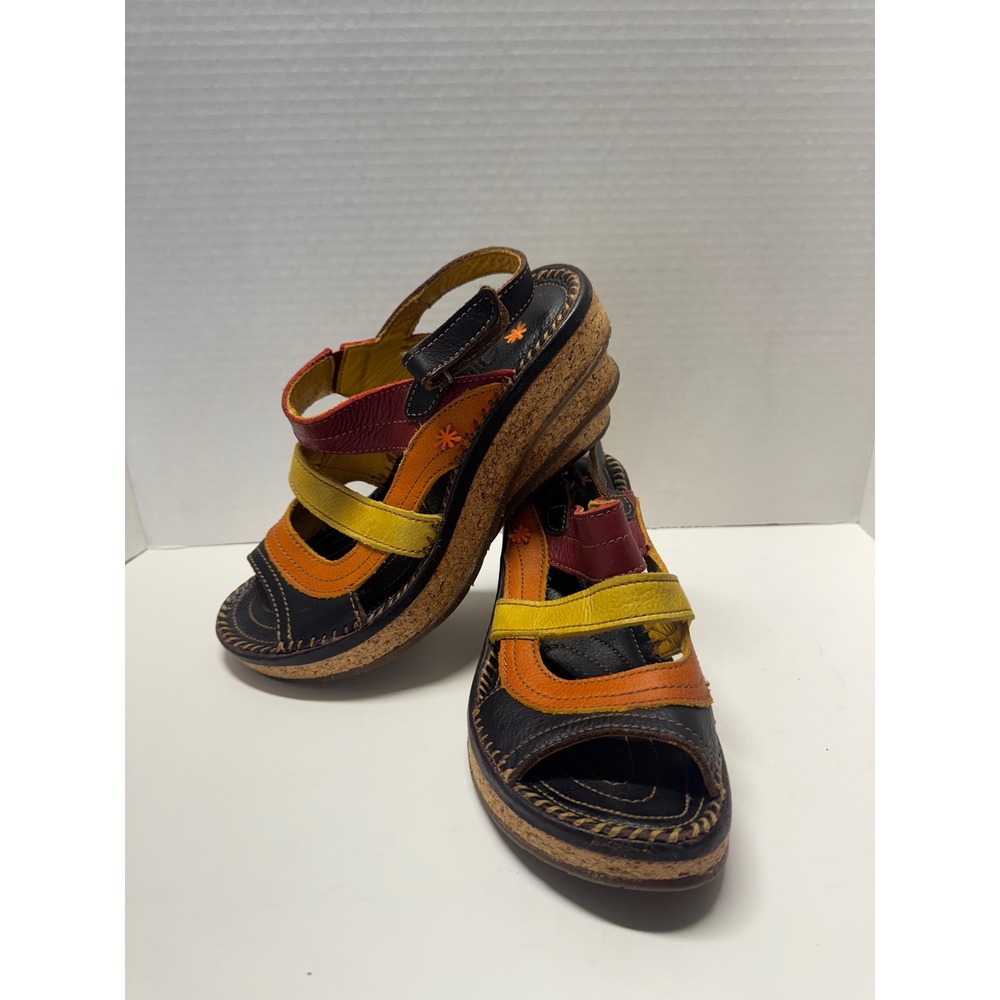 Art Company 992 Multi Color Leather Cork Wedge Platform Sandals Womens 39 8.5‎